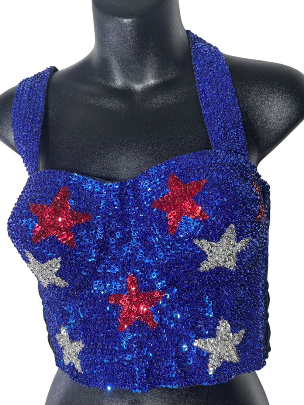Fashion fantasy women’s medium sequined bustier halter stars USA 4th of July